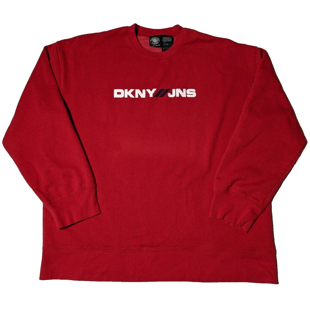 VTG‎ DKNY JEANS Men Large Red Spell Out Logo Cotton Blend Pullover Sweatshirt
